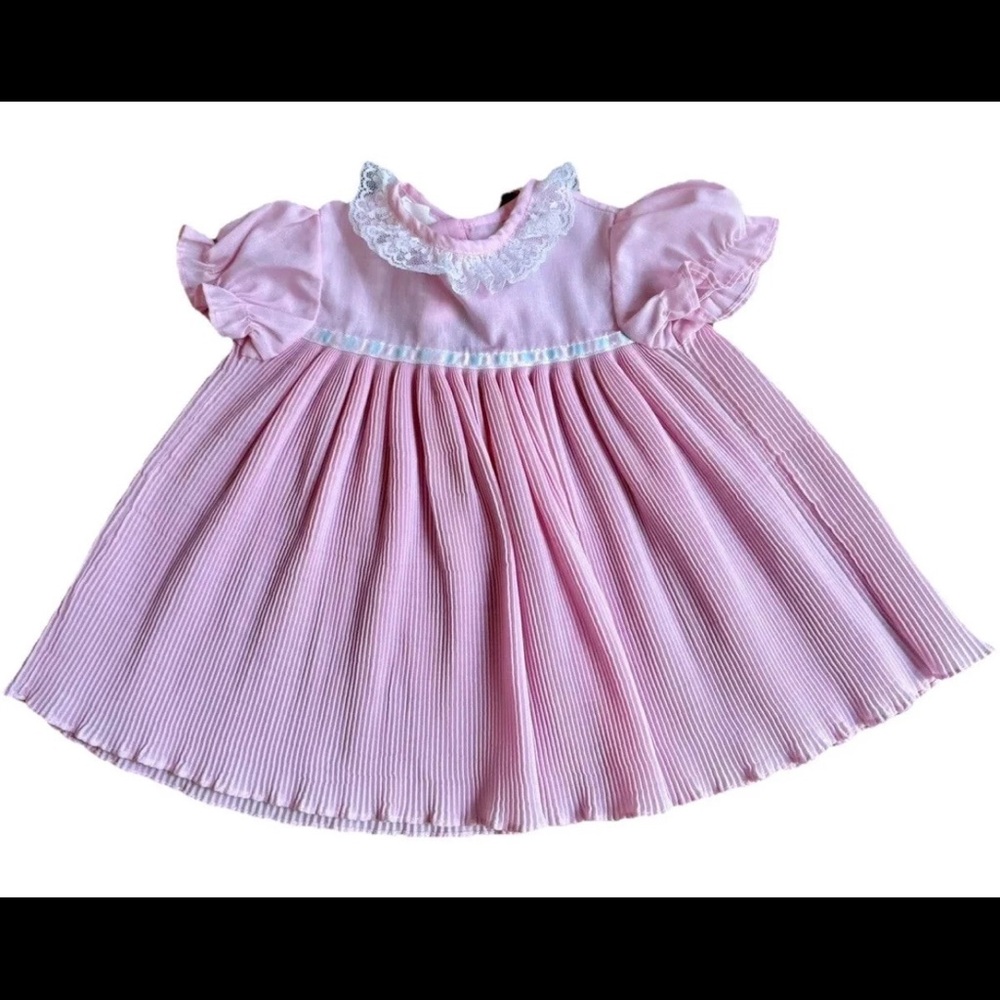 Roanna Baby‎ girls size 9 Mos pleated pink Vintage dress Lace collar cottagecore